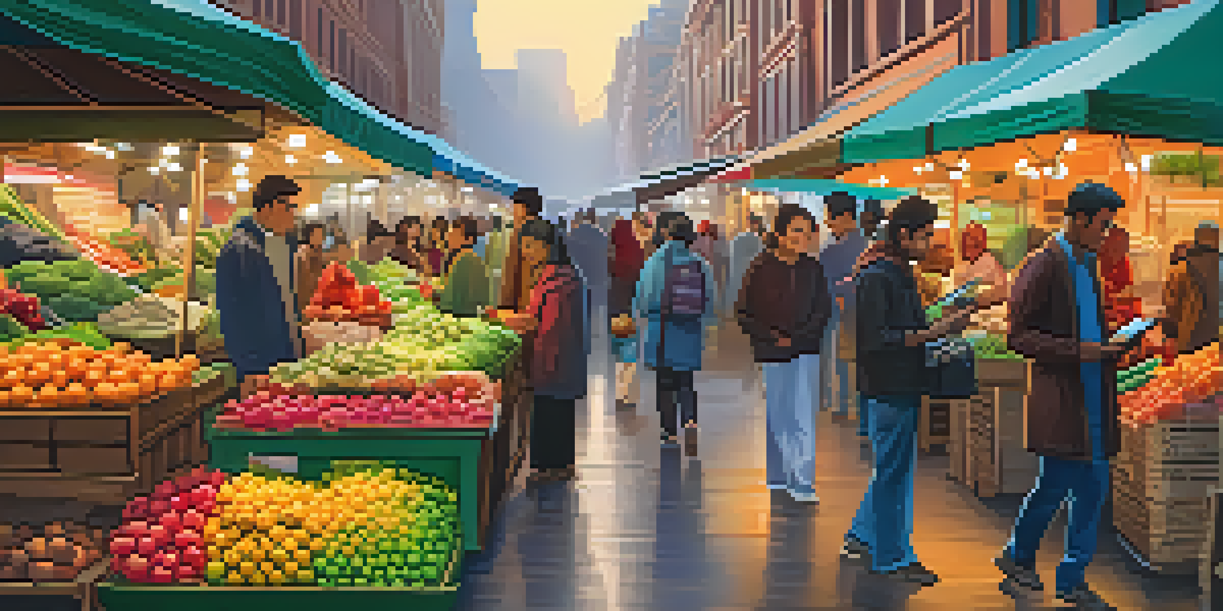 A bustling market with various stalls where people are using smartphones for digital transactions, surrounded by colorful fruits and vegetables.