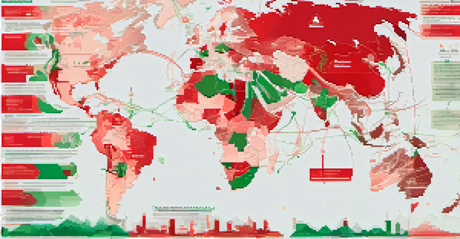 A world map illustrating geographic disparities in Bitcoin mining, with red areas for high energy consumption and green for renewable energy.