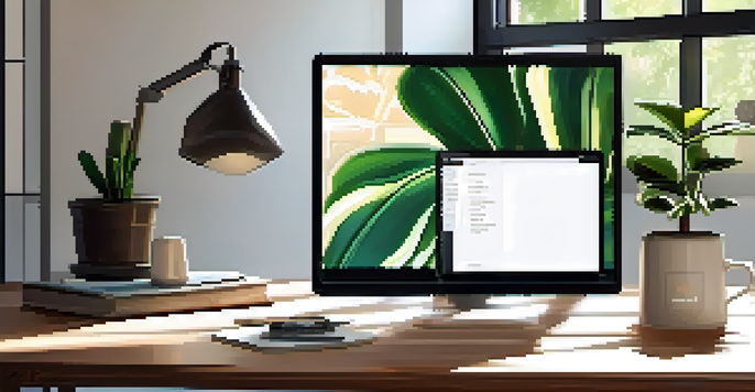 A cozy workspace with a laptop displaying a Bitcoin payment processor, wooden desk, plant, and coffee cup, illuminated by natural light.