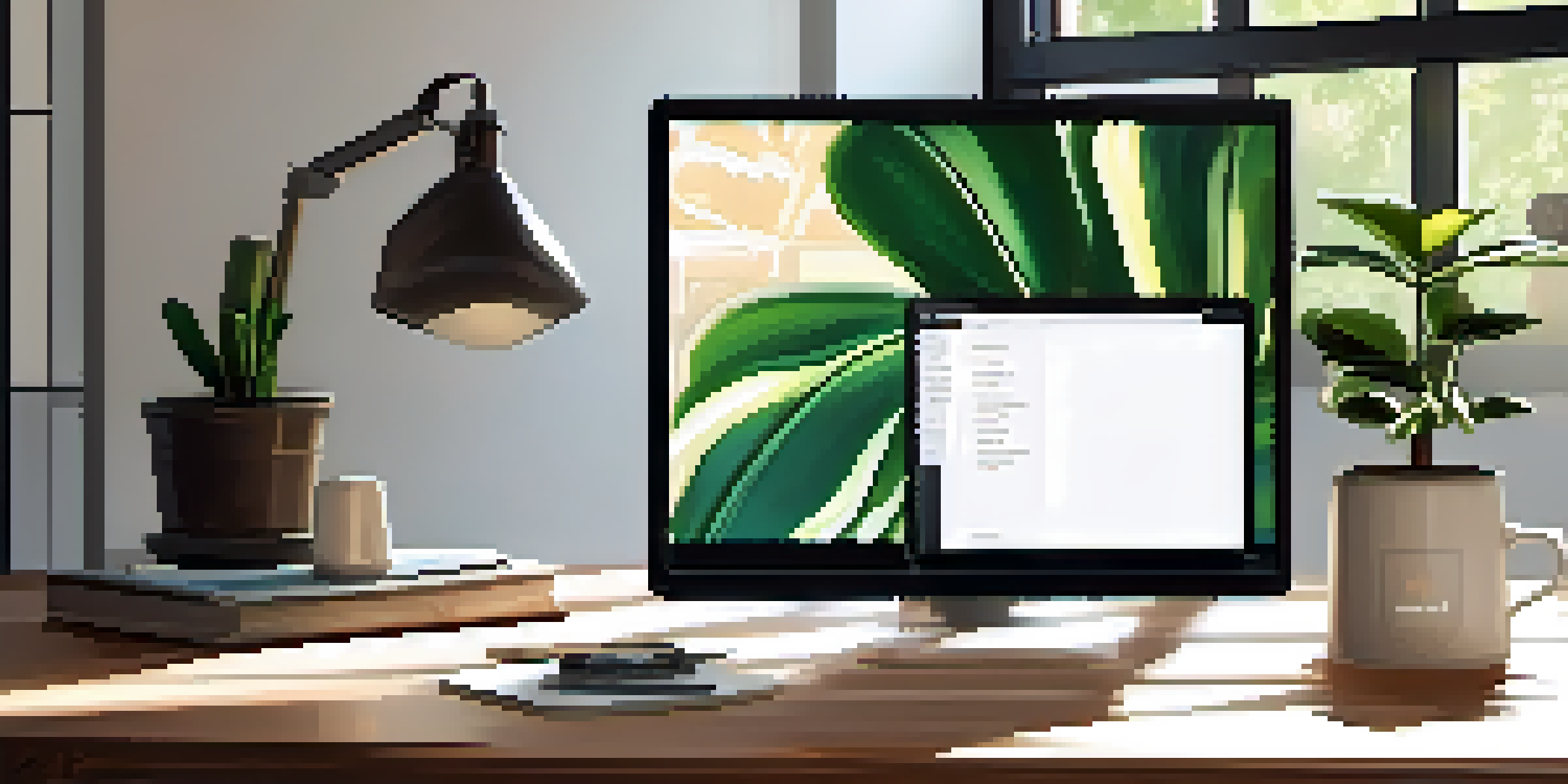 A cozy workspace with a laptop displaying a Bitcoin payment processor, wooden desk, plant, and coffee cup, illuminated by natural light.