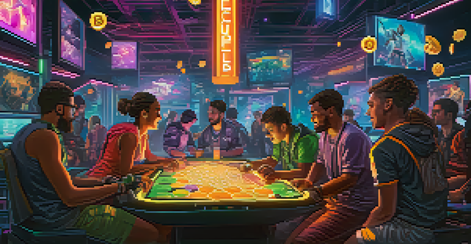 A group of diverse players in a futuristic gaming environment, with glowing Bitcoin symbols around them, showcasing engagement and excitement.