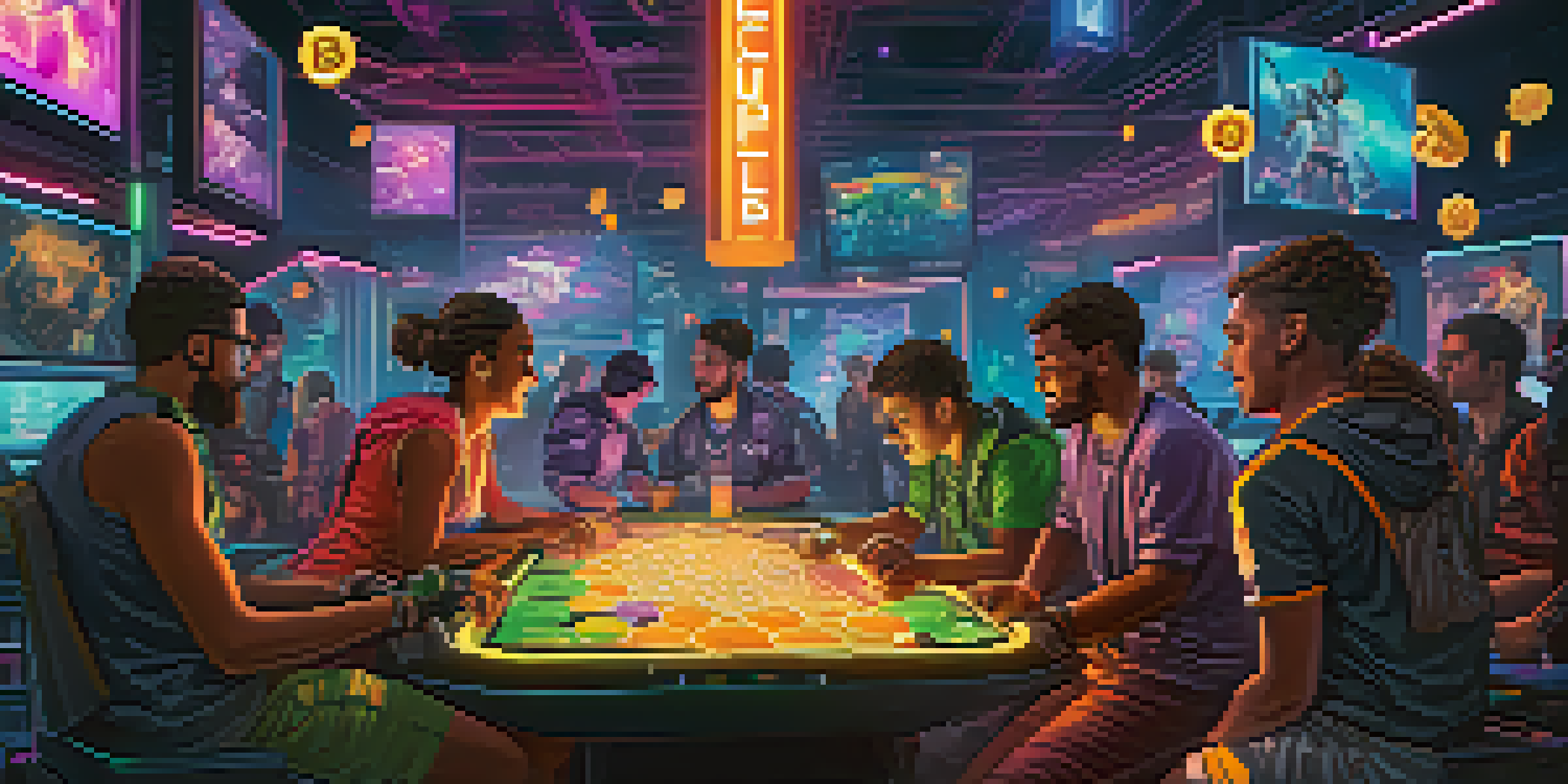 A group of diverse players in a futuristic gaming environment, with glowing Bitcoin symbols around them, showcasing engagement and excitement.