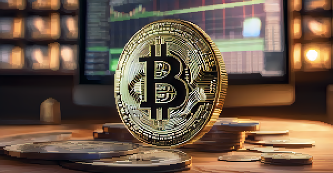 A Bitcoin coin on a wooden table with dollar bills and a laptop showing cryptocurrency graphs, warm lighting accentuating textures.