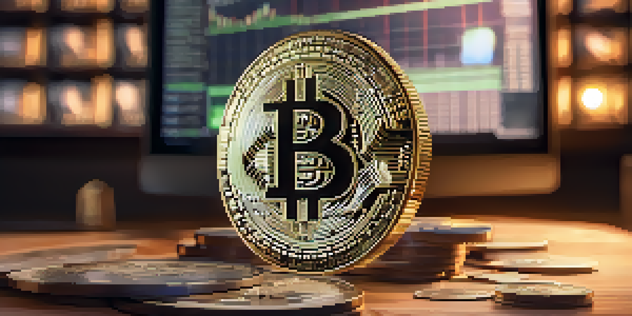 A Bitcoin coin on a wooden table with dollar bills and a laptop showing cryptocurrency graphs, warm lighting accentuating textures.