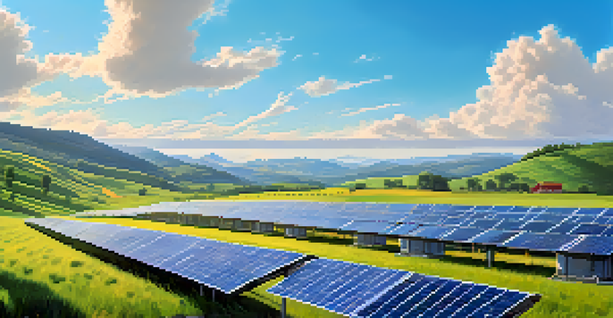 A Bitcoin mining facility powered by solar panels in a scenic landscape with hills and a blue sky.