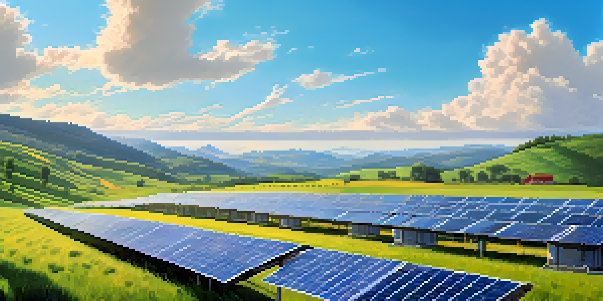 A Bitcoin mining facility powered by solar panels in a scenic landscape with hills and a blue sky.