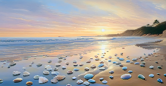 A peaceful beach scene at sunrise with seashells and pebbles on the sand.