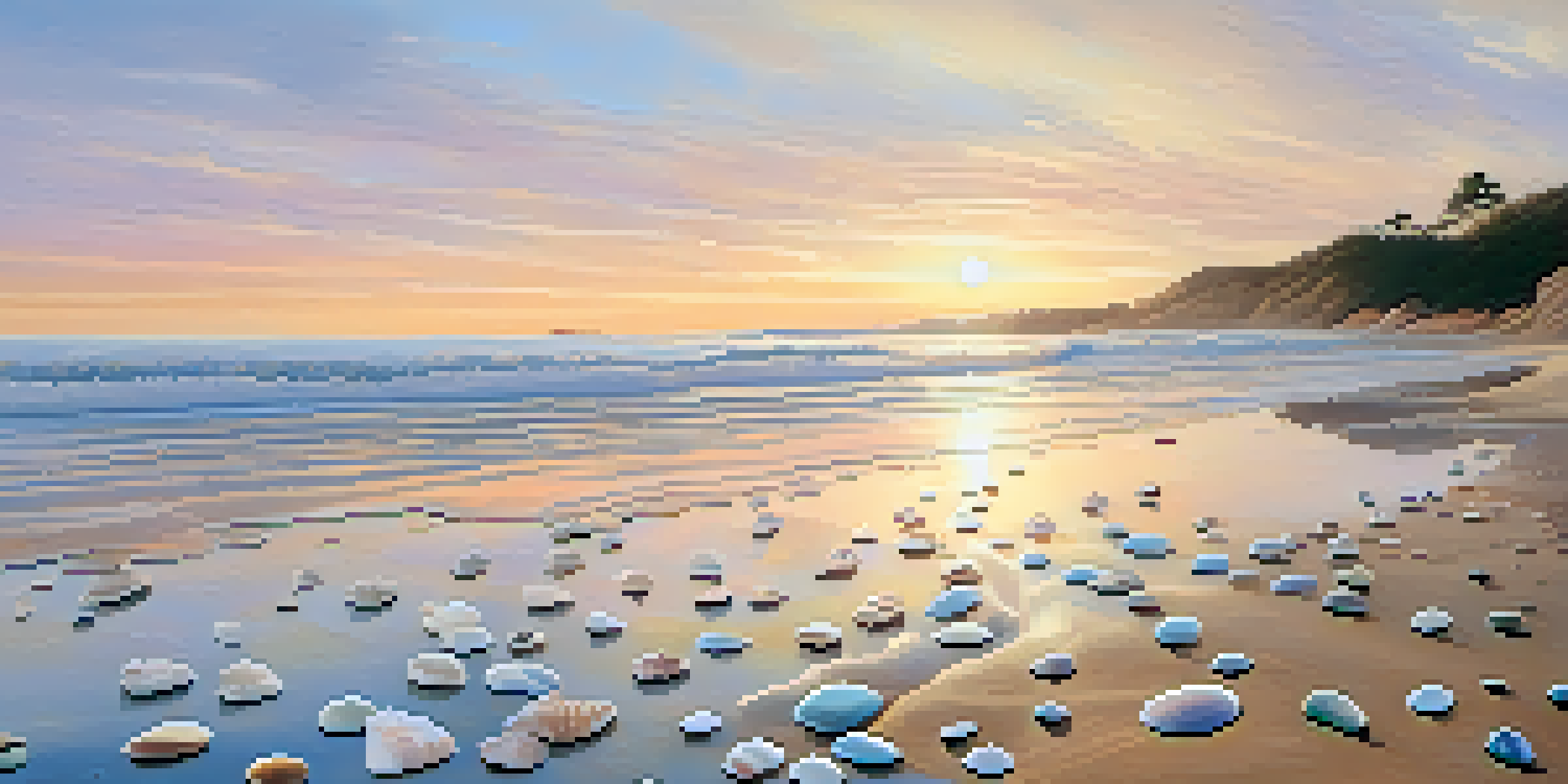 A peaceful beach scene at sunrise with seashells and pebbles on the sand.