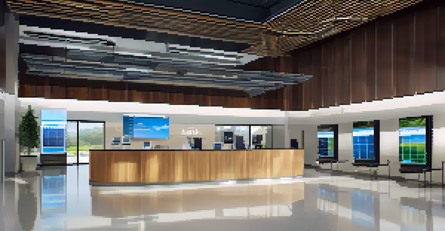A modern bank interior with solar panels and digital screens showing sustainability efforts.