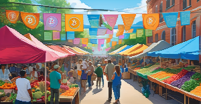 A bustling community market with people trading goods and Bitcoin, featuring colorful stalls and a sunny atmosphere.