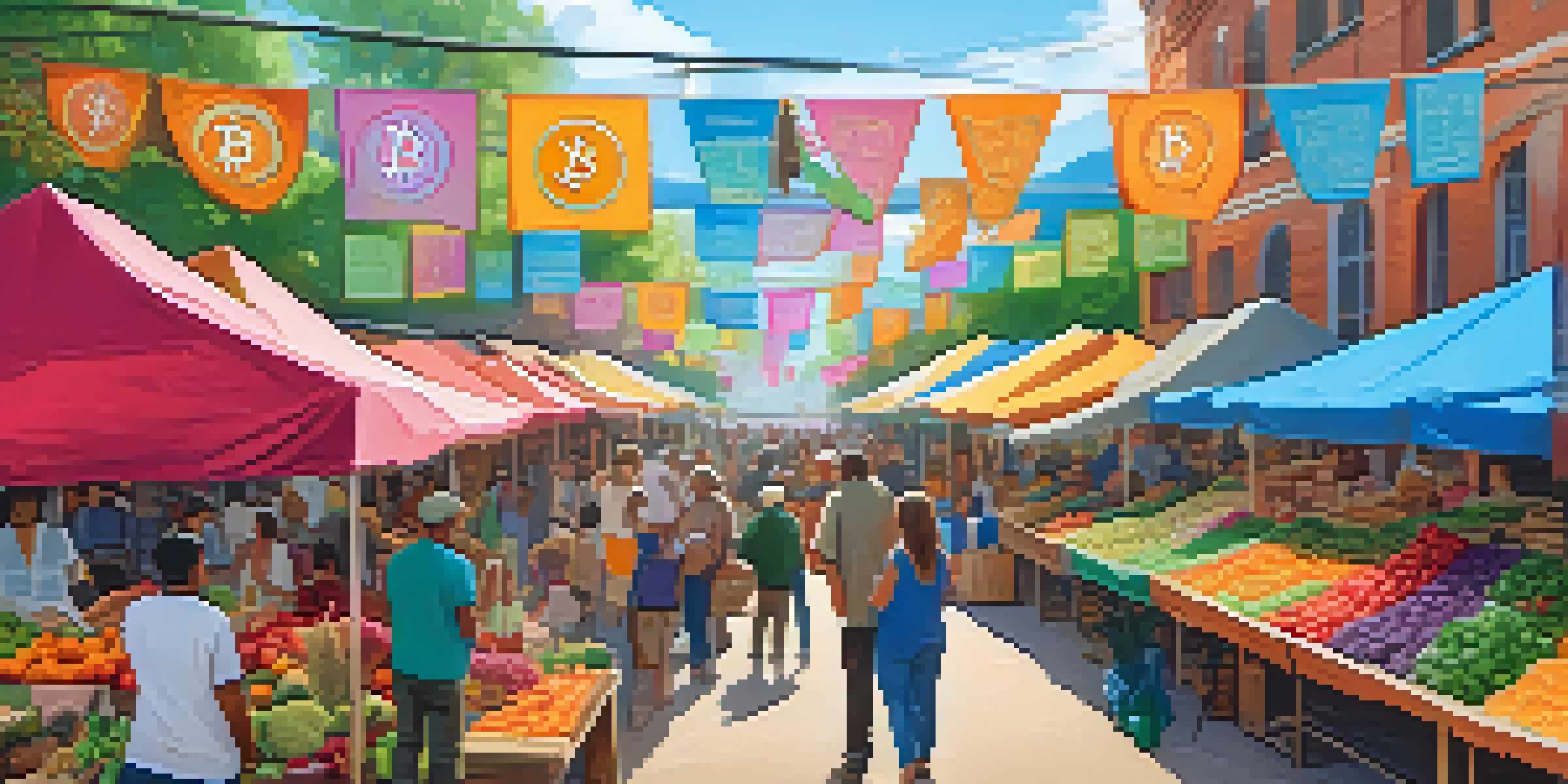 A bustling community market with people trading goods and Bitcoin, featuring colorful stalls and a sunny atmosphere.