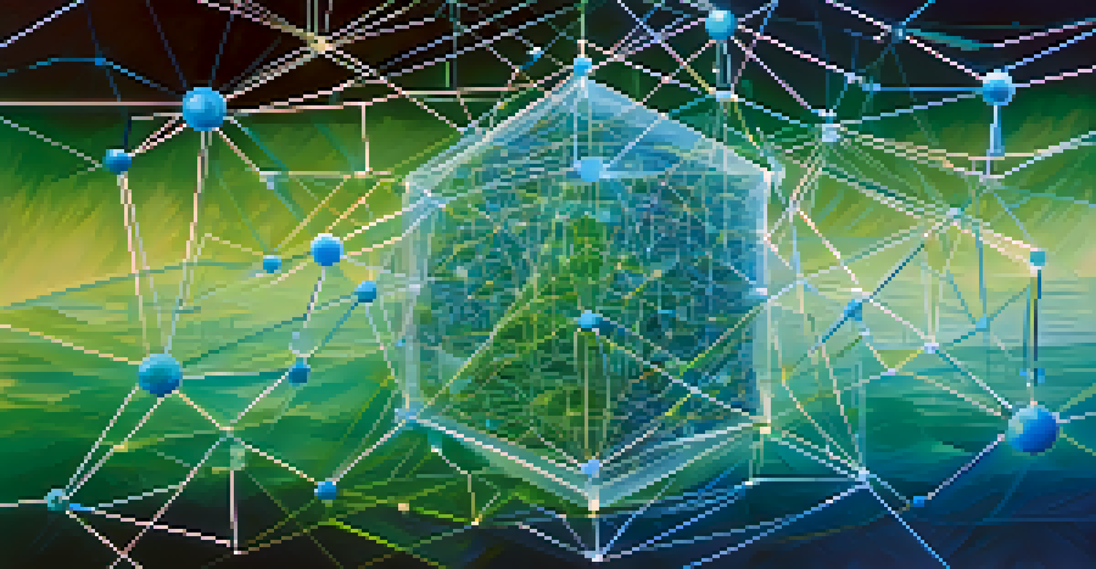 An abstract network of nodes symbolizing decentralized identity and blockchain technology, using cool colors and a flowing design.