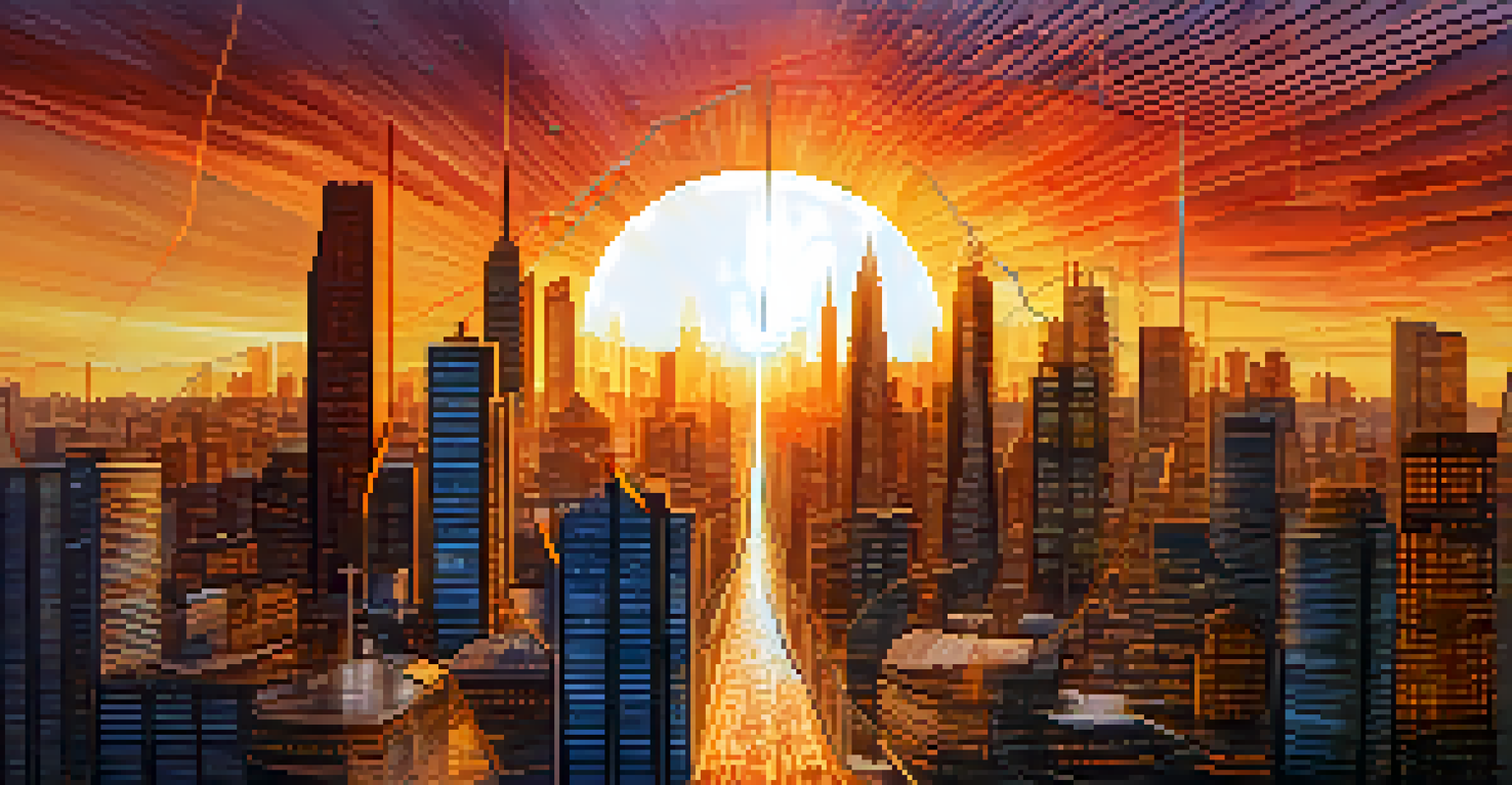 An artistic representation of market volatility with a fluctuating line graph over a city skyline at sunset.