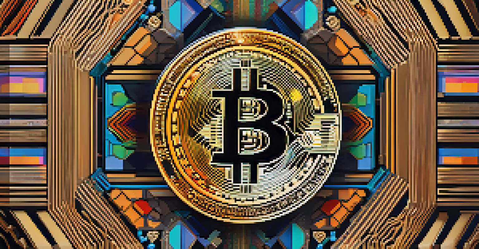 A close-up of a Bitcoin coin on a digital canvas with colorful NFT patterns.