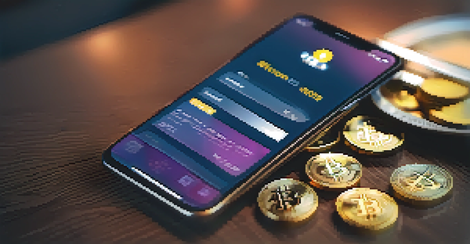 A smartphone displaying a digital wallet interface with Bitcoin symbols, set against a softly blurred background.