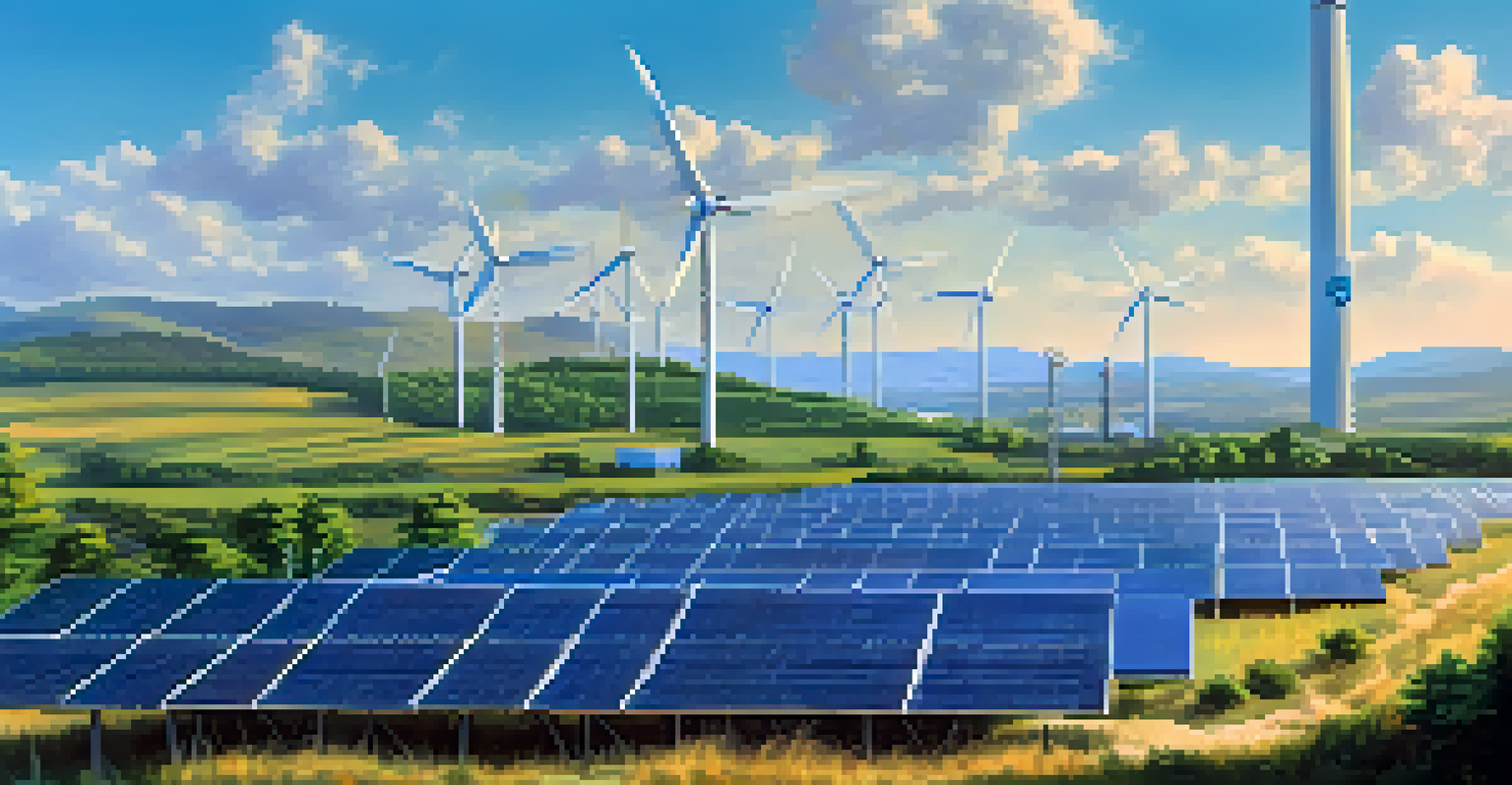 A landscape featuring wind turbines and solar panels powering a Bitcoin mining facility, set against a bright blue sky and lush greenery, symbolizing sustainability.