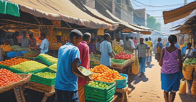 A lively market with people using smartphones for Bitcoin transactions amidst colorful stalls of fruits and crafts.