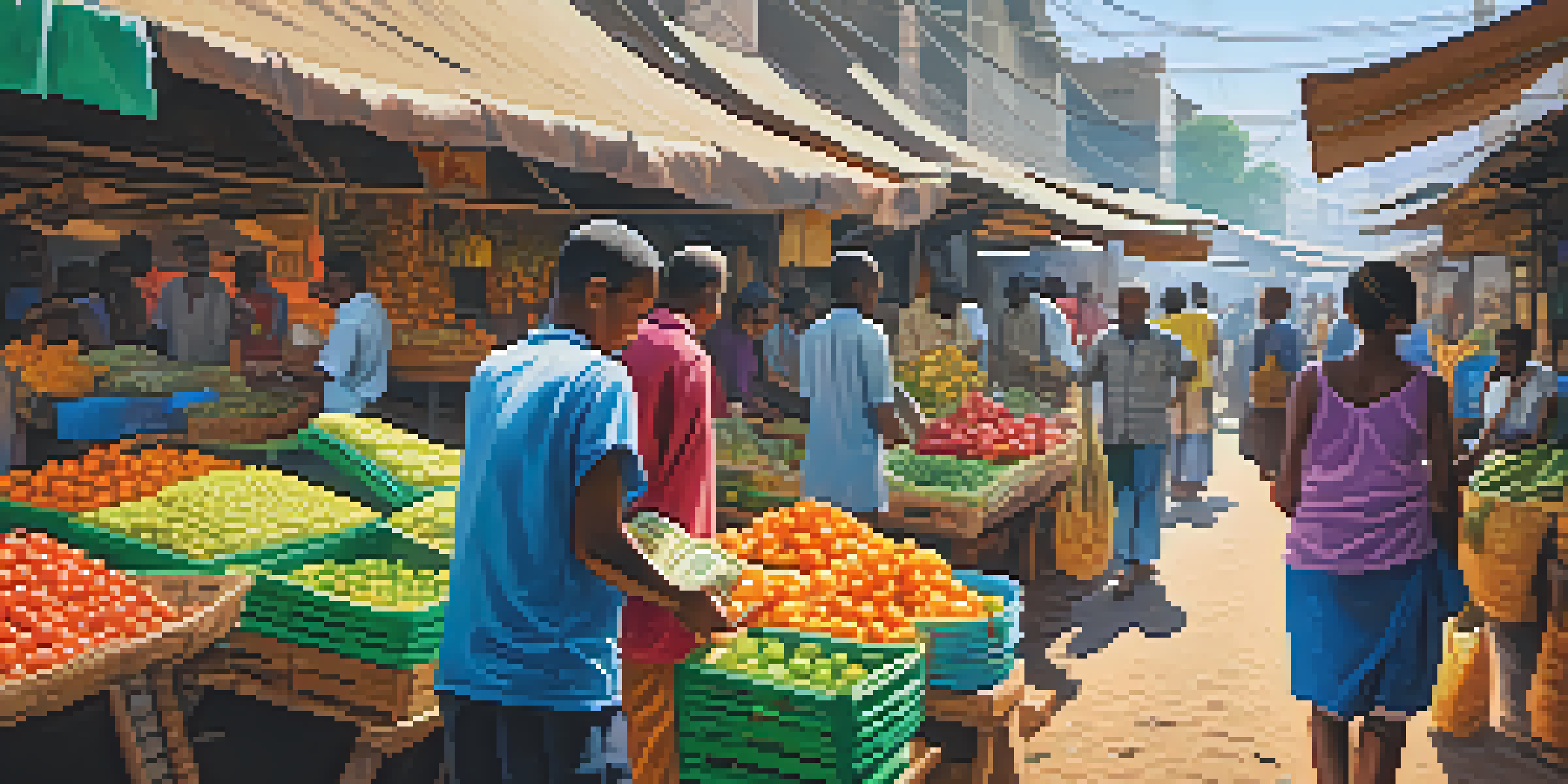 A lively market with people using smartphones for Bitcoin transactions amidst colorful stalls of fruits and crafts.