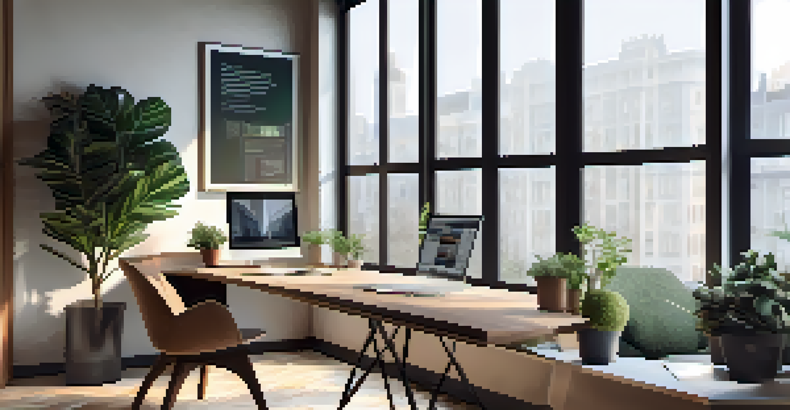 A stylish office space with a desk and laptop displaying financial graphs, brightened by natural light from large windows.