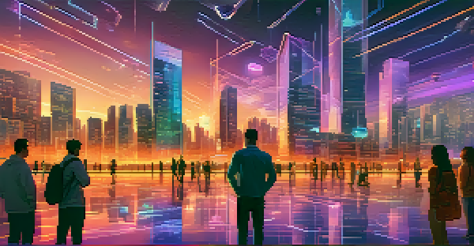 A vibrant futuristic city with buildings representing different cryptocurrencies, glowing symbols, and people interacting with holographic displays.