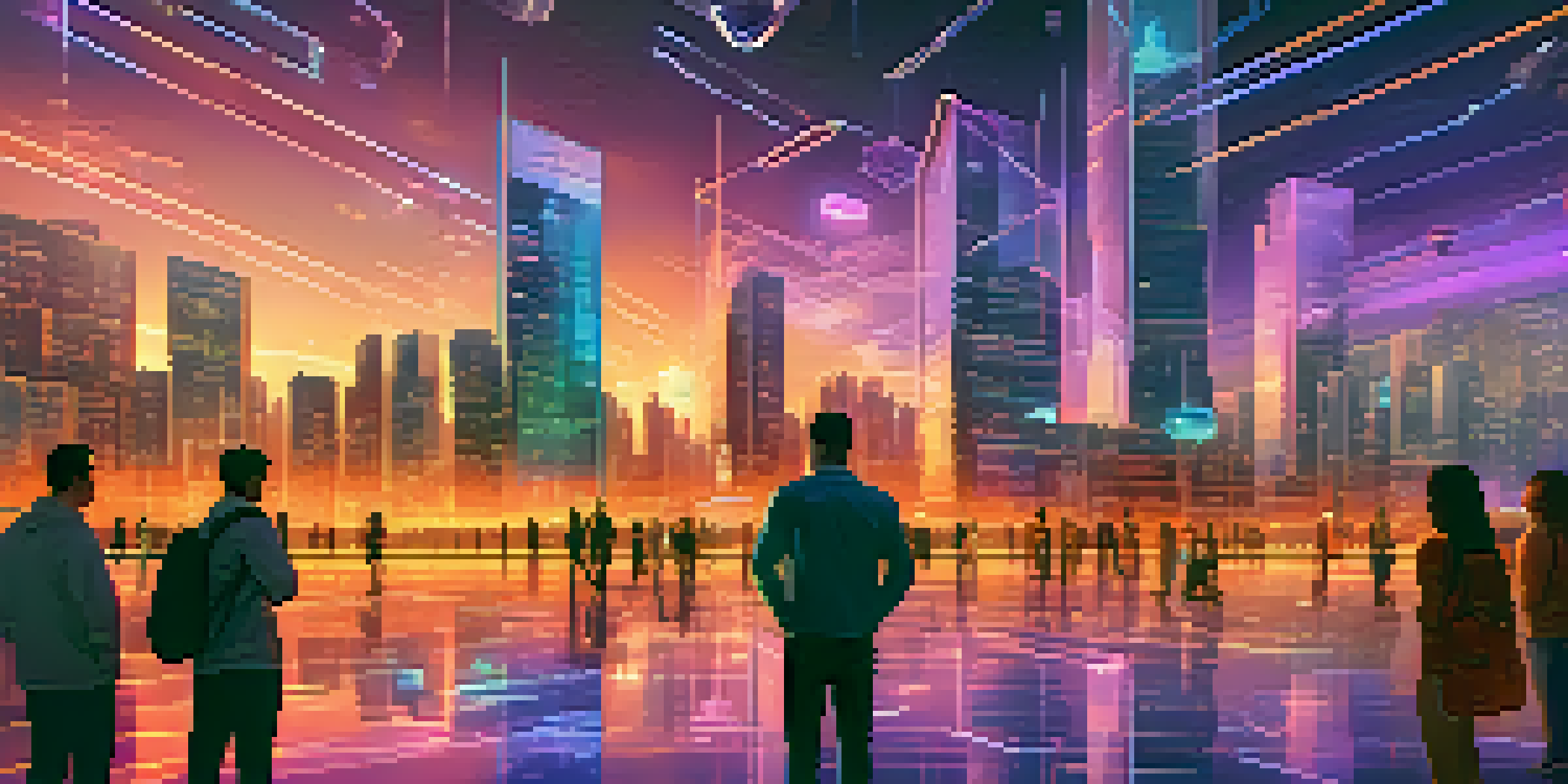 A vibrant futuristic city with buildings representing different cryptocurrencies, glowing symbols, and people interacting with holographic displays.