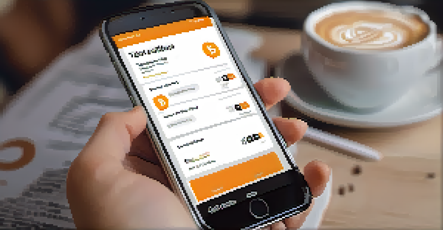 A close-up of a smartphone displaying a Bitcoin wallet app being used by a person, with a coffee cup and notebook in the background.