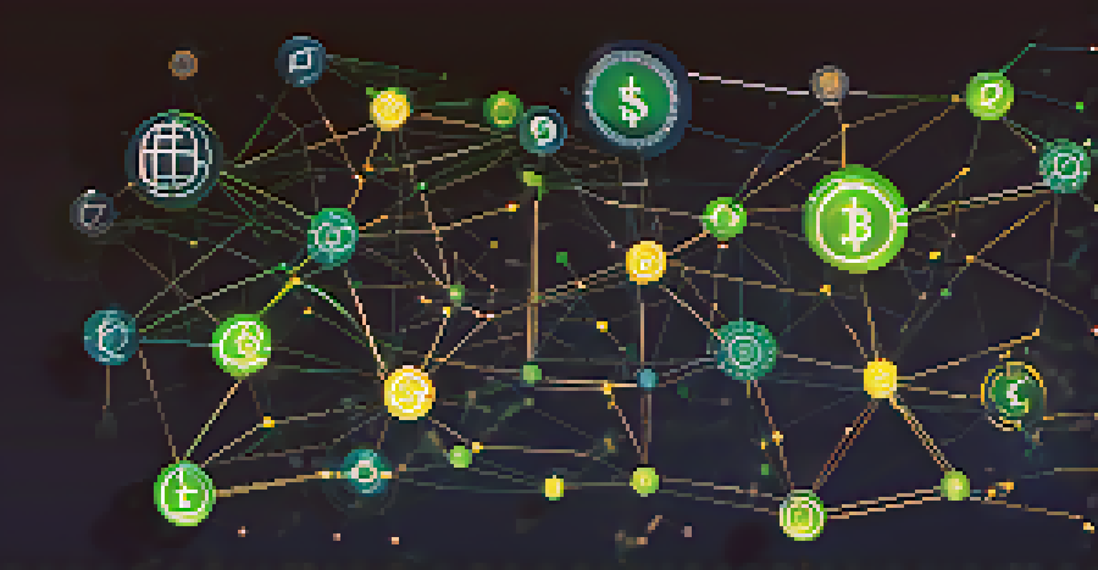 An abstract graphic of blockchain technology with interconnected nodes and cryptocurrency symbols against a dark blue background.