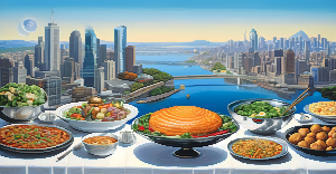 A picturesque landscape showing a potluck dinner table filled with various dishes in front of a city skyline, symbolizing the contrast between decentralized finance and traditional banking.