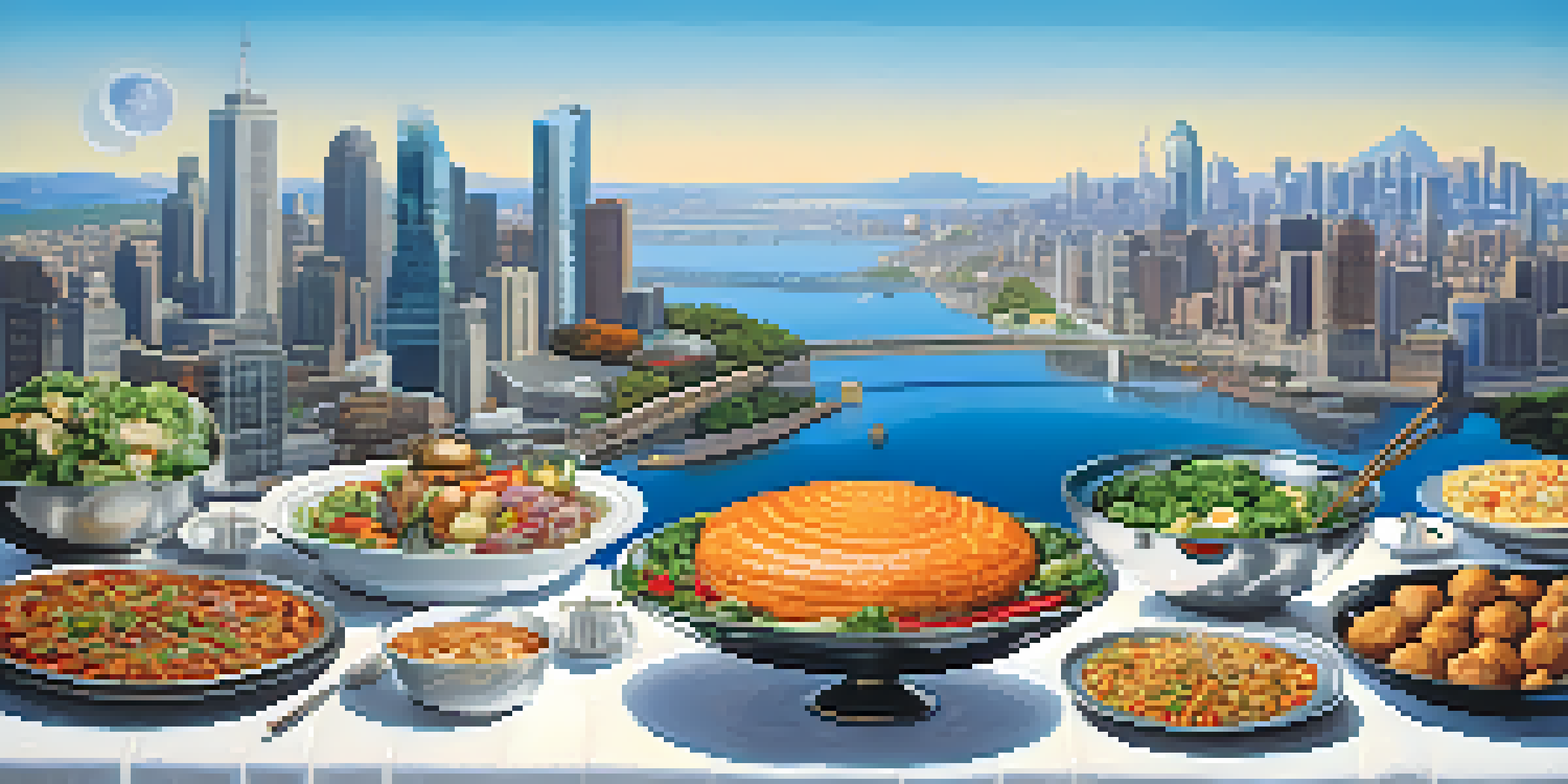 A picturesque landscape showing a potluck dinner table filled with various dishes in front of a city skyline, symbolizing the contrast between decentralized finance and traditional banking.