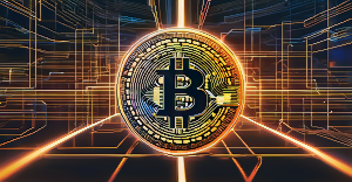 A digital bitcoin symbol on a blockchain network graphic, featuring glowing connections on a dark background.