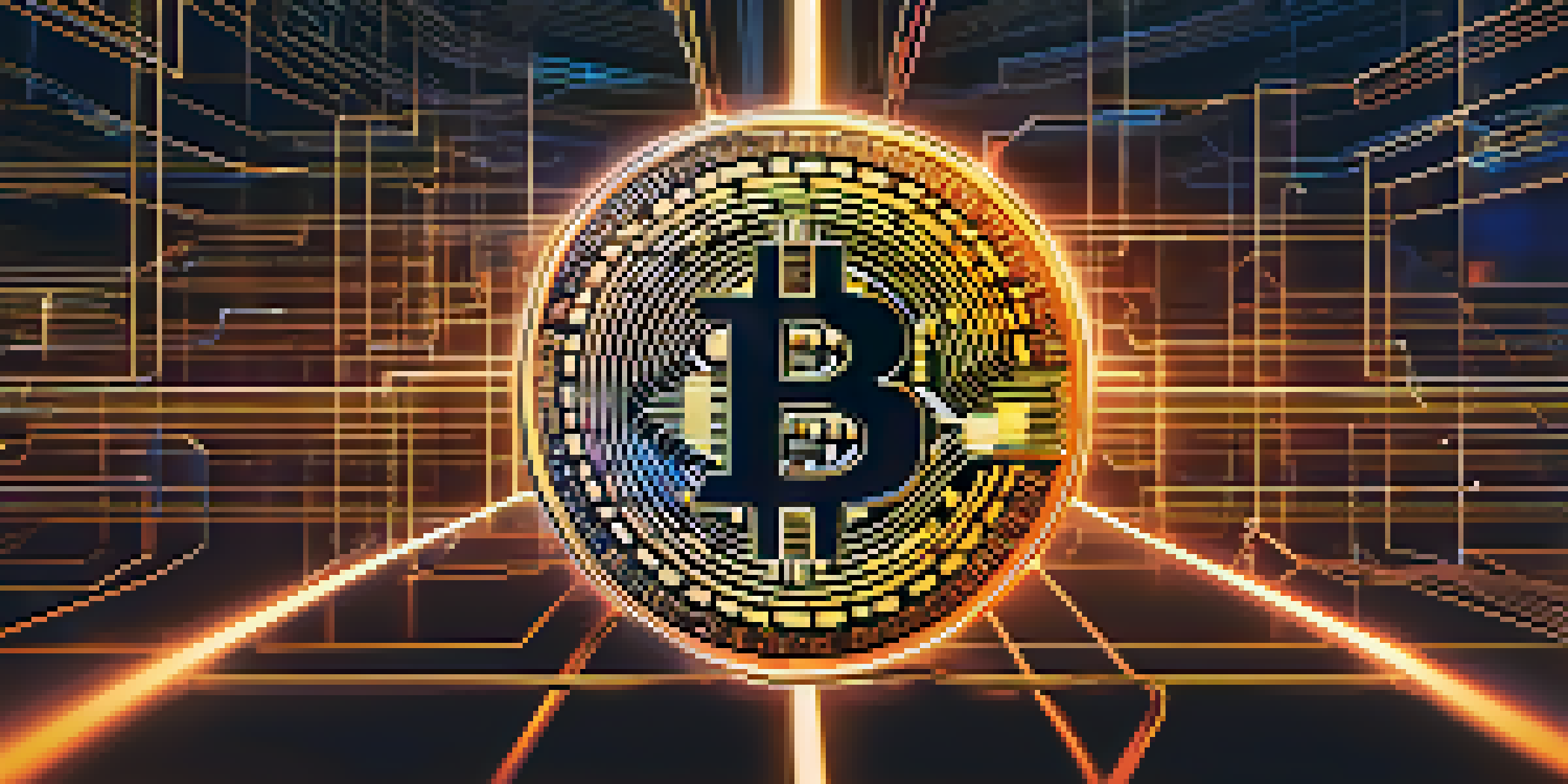 A digital bitcoin symbol on a blockchain network graphic, featuring glowing connections on a dark background.
