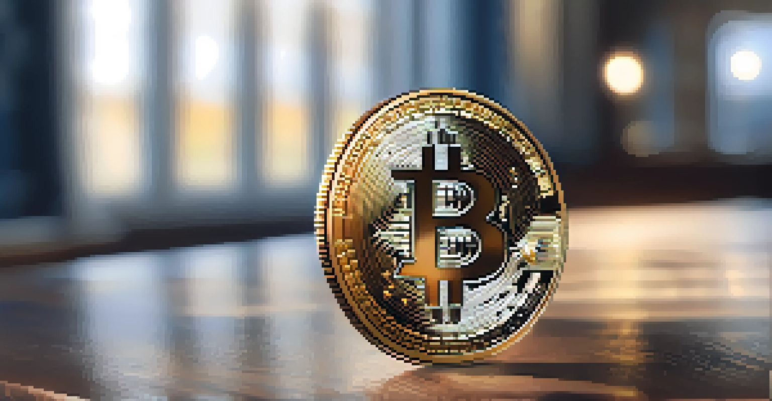A detailed close-up of a Bitcoin coin on a wooden table with natural light illuminating it.