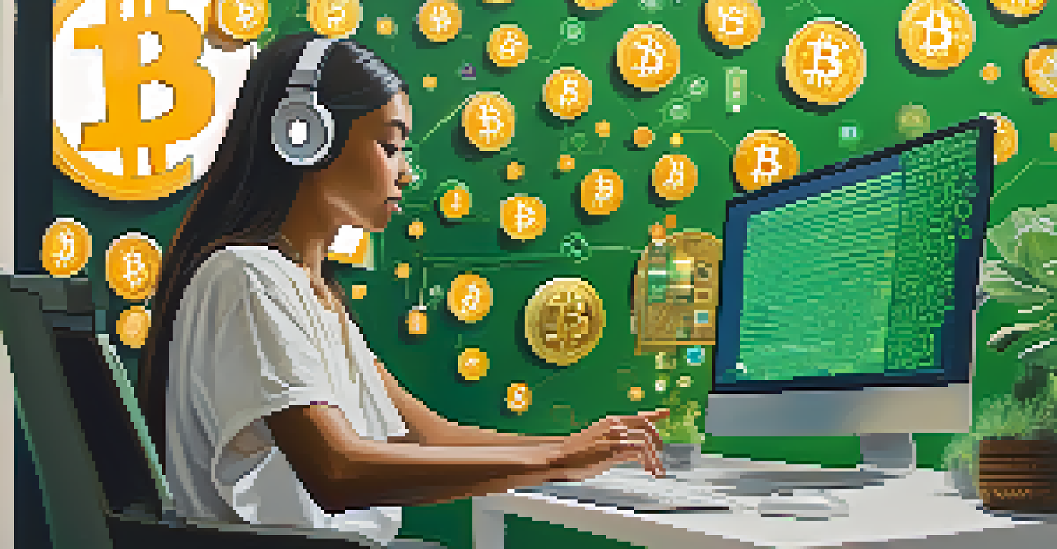 A person making a Bitcoin transaction on a computer, with floating lock symbols and digital identity icons, in a well-lit room.