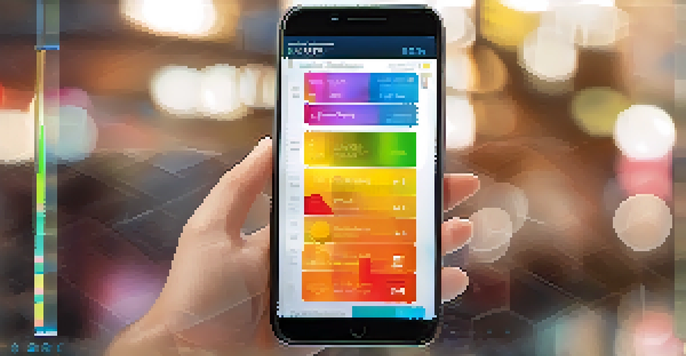 A smartphone showing a digital wallet app with colorful graphs and transaction buttons, set against a blurred background.