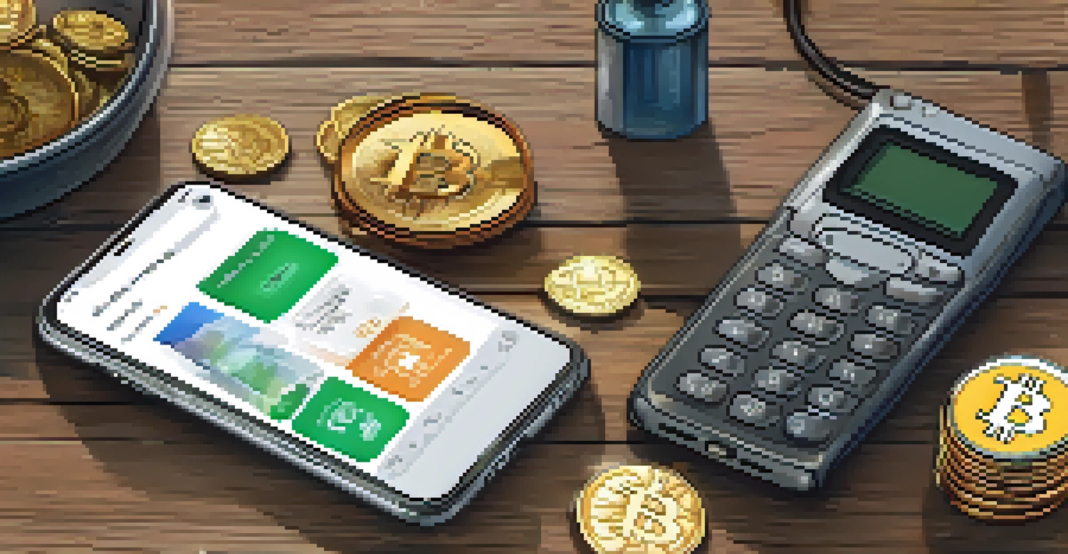A close-up of a smartphone showing a Bitcoin wallet app, surrounded by coins and a calculator on a wooden table.