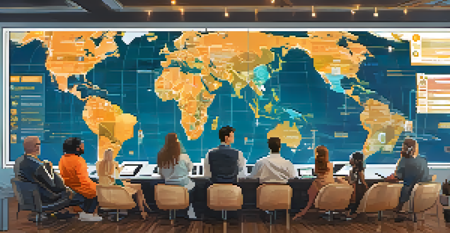 A group of people from different cultures discussing Bitcoin regulations around a digital map.