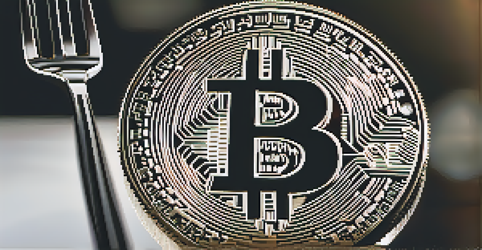 A close-up of a Bitcoin coin on a reflective surface with 'Fork Ahead' written beside it, dramatic lighting enhancing the details.