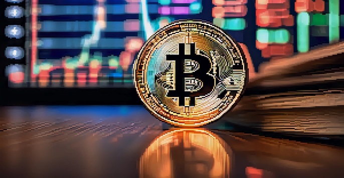 A detailed close-up of a Bitcoin coin on a wooden table, with financial graphs softly blurred in the background.