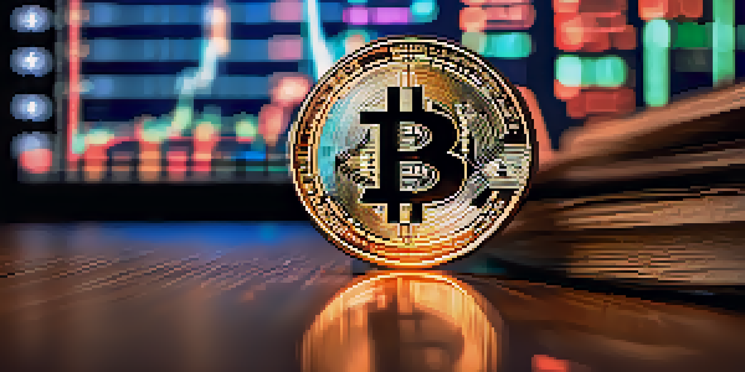 A detailed close-up of a Bitcoin coin on a wooden table, with financial graphs softly blurred in the background.