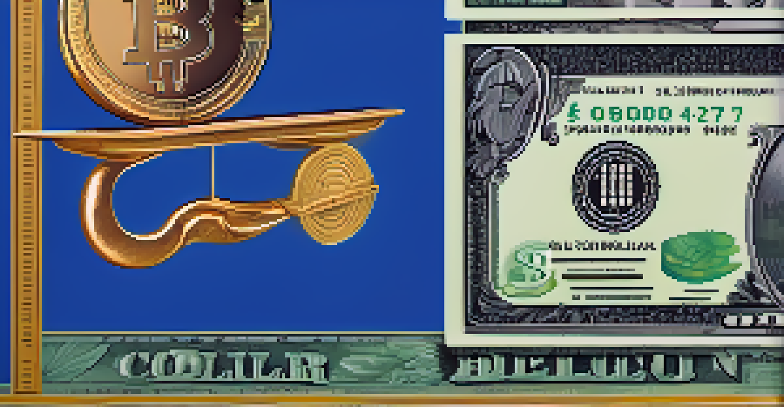 An abstract image of a digital scale balancing a Bitcoin and a dollar bill against a gradient background.