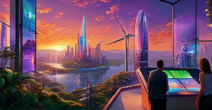 A futuristic city skyline at sunset with glass skyscrapers and greenery, featuring people interacting with digital financial displays.