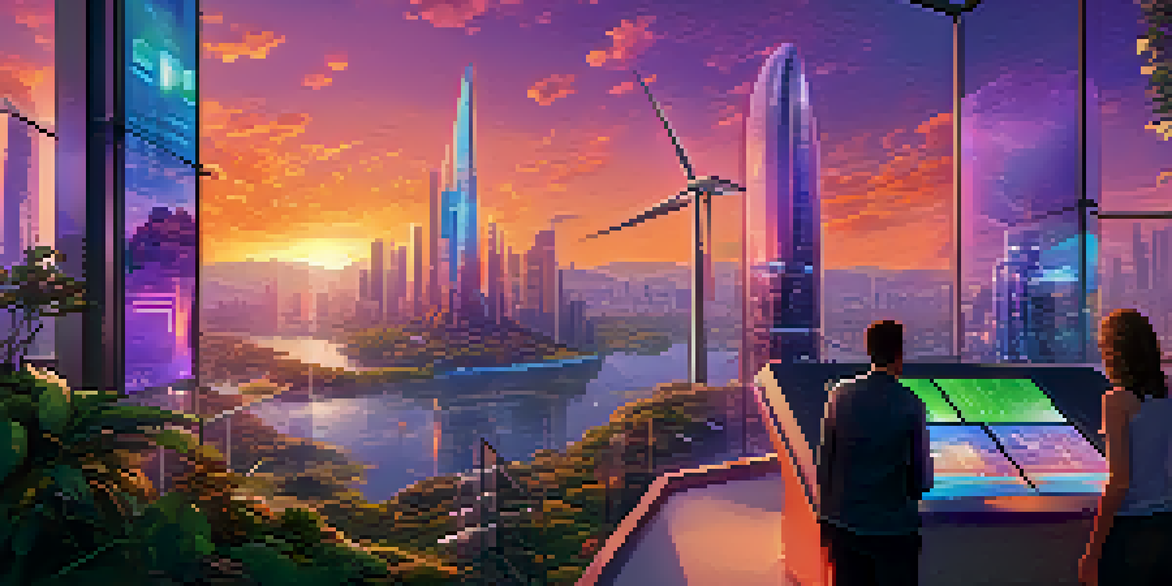A futuristic city skyline at sunset with glass skyscrapers and greenery, featuring people interacting with digital financial displays.