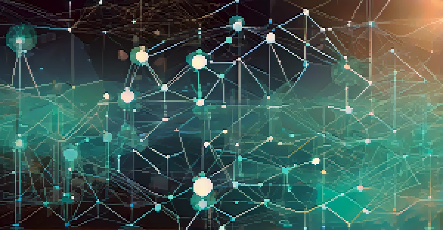 An abstract image of decentralized finance with glowing geometric shapes and interconnected nodes.