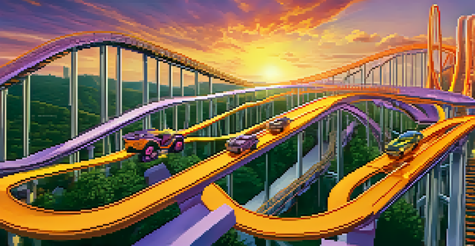 A roller coaster representing Bitcoin's volatility, with Bitcoin symbols on the track and a sunset sky in the background.