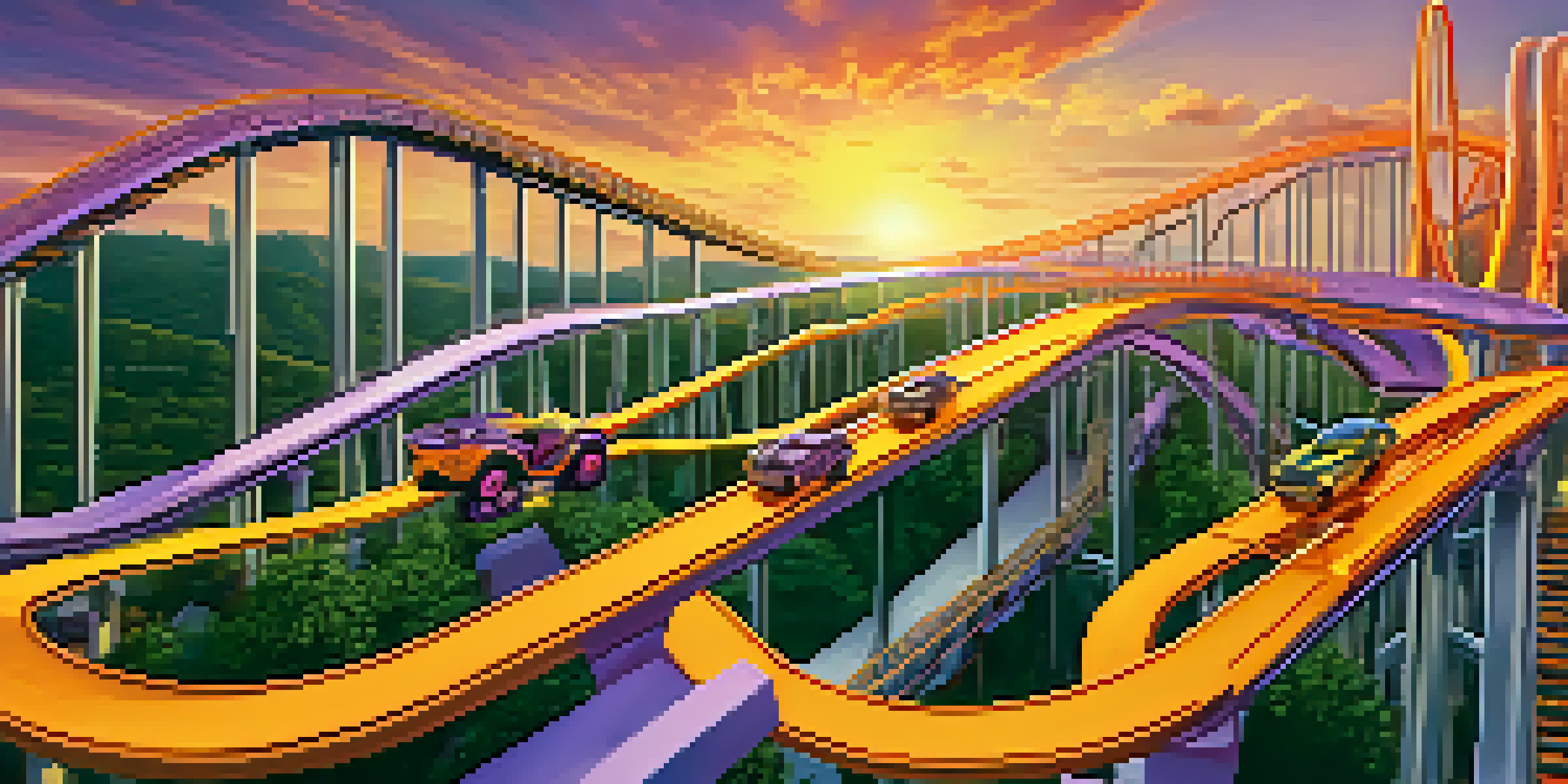 A roller coaster representing Bitcoin's volatility, with Bitcoin symbols on the track and a sunset sky in the background.