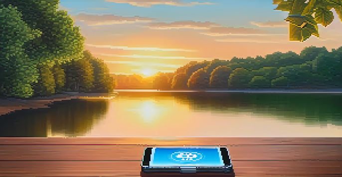 A peaceful scene showing a digital wallet with a glowing Bitcoin symbol, surrounded by greenery and a river at sunset.