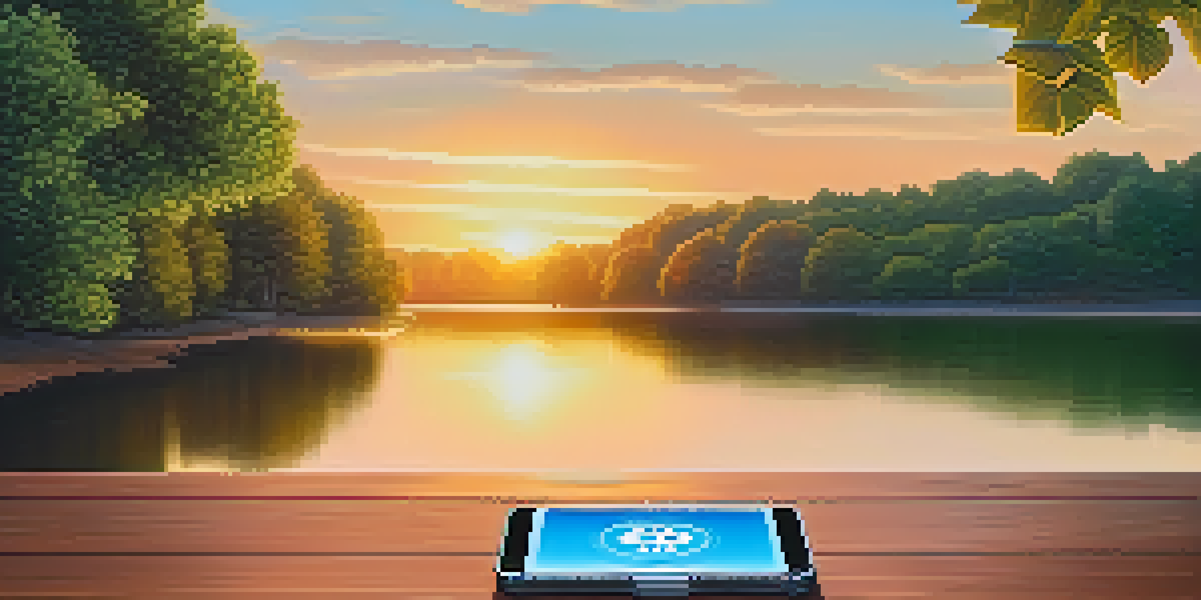 A peaceful scene showing a digital wallet with a glowing Bitcoin symbol, surrounded by greenery and a river at sunset.