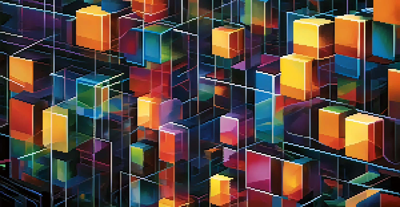 An abstract image of interconnected blocks representing blockchain technology, glowing in different colors.