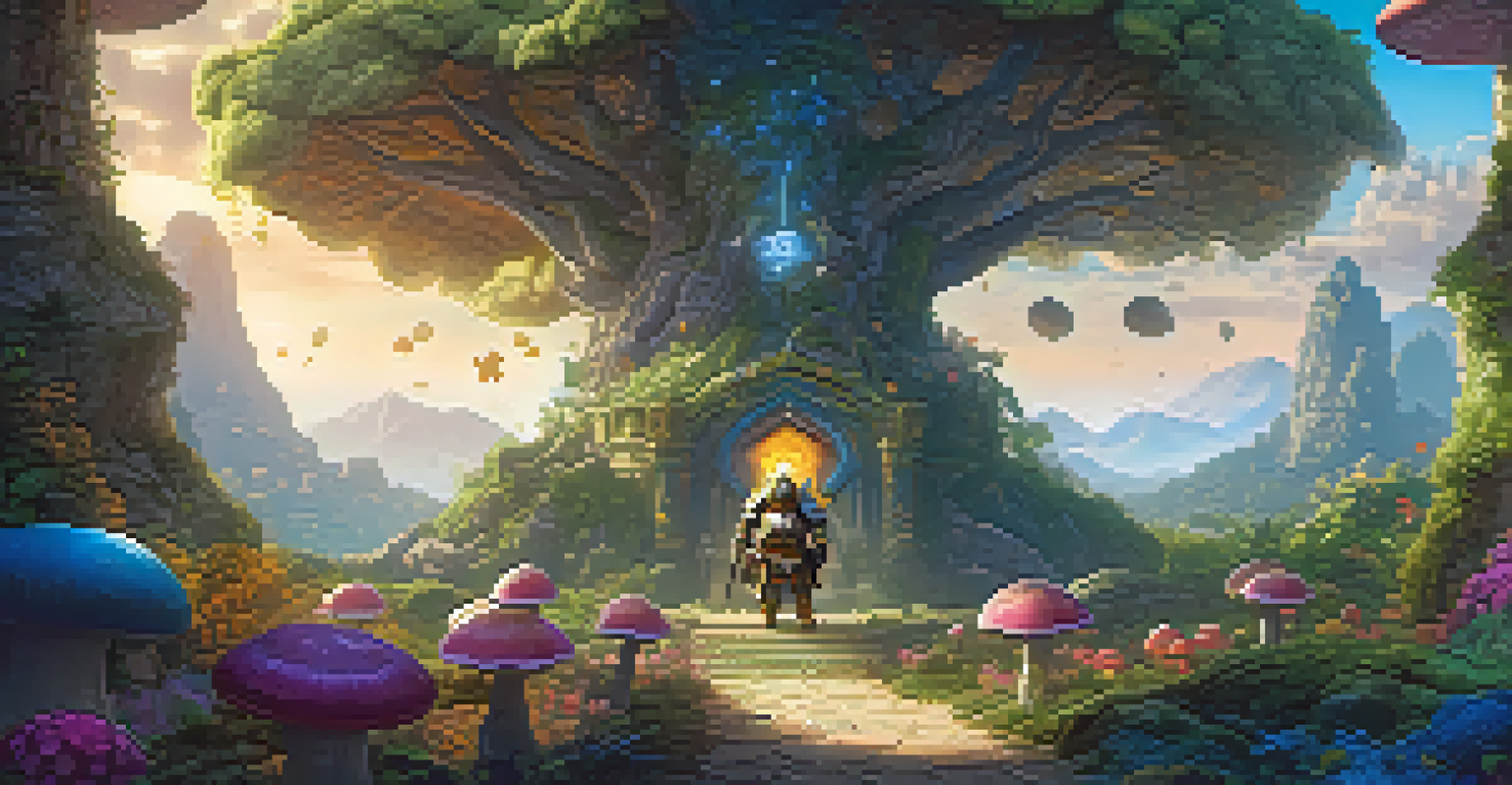 A gaming character in armor holding a Bitcoin coin in a vibrant fantasy landscape filled with colorful flora and glowing mushrooms.