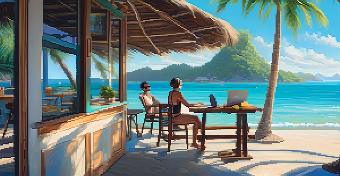 A digital nomad working on a laptop at a beachside café with palm trees and turquoise waters in the background.